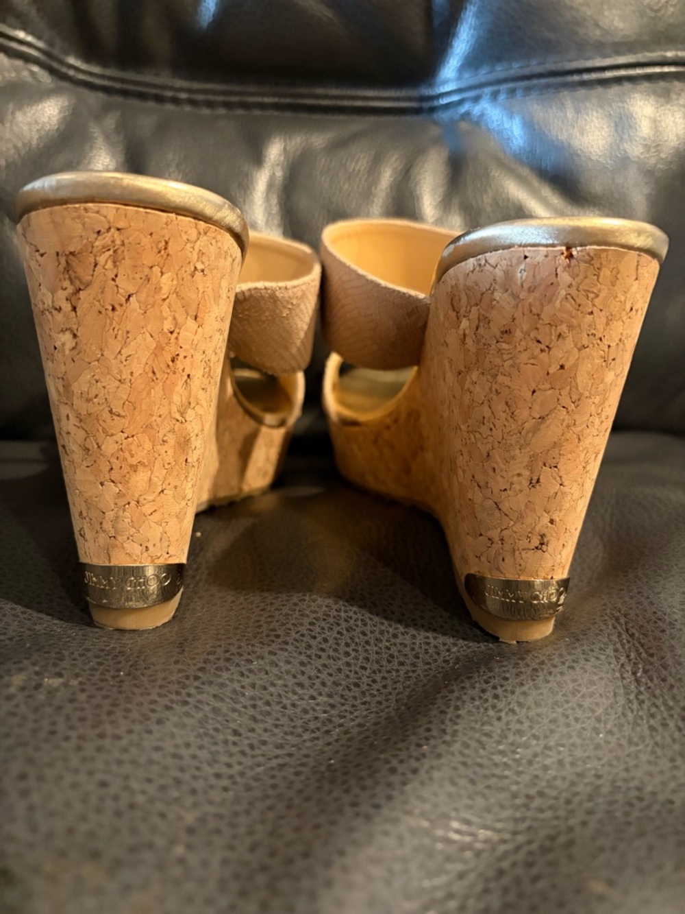 Jimmy Choo Beige Textured Leather Cork Wedge Slides - Picture 5 of 12